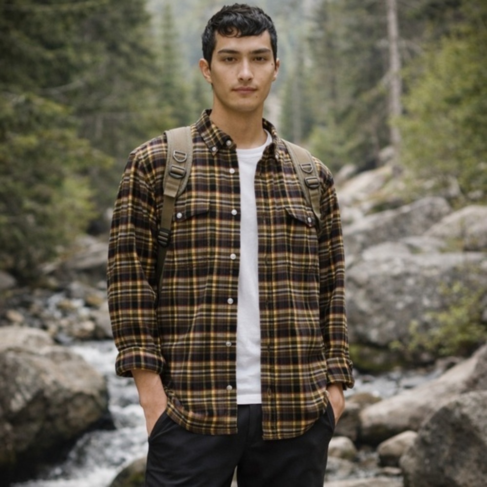 Everlane Plaid Flannel Shirt Men’s Brown Outdoor Hiking Button Down NWOT S #2552